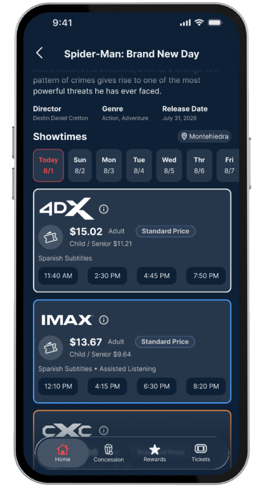 Updated showtimes screen
